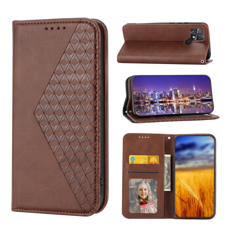 

For Xiaomi Poco C40 Cubic Grid Calf Texture Magnetic Leather Phone Case(Brown)