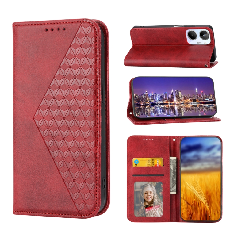 

For Realme 10 4G Cubic Grid Calf Texture Magnetic Leather Phone Case(Red)