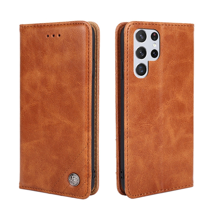 

For Samsung Galaxy S23 Ultra 5G Non-Magnetic Retro Texture Flip Leather Phone Case(Brown)