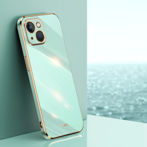 

For iPhone 14 Plus XINLI Straight 6D Plating Gold Edge TPU Shockproof Case(Mint Green)