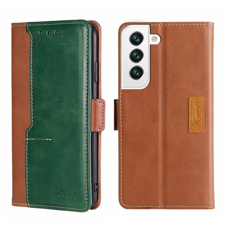 

For Samsung Galaxy S23 5G Contrast Color Side Buckle Leather Phone Case(Light Brown+Green)