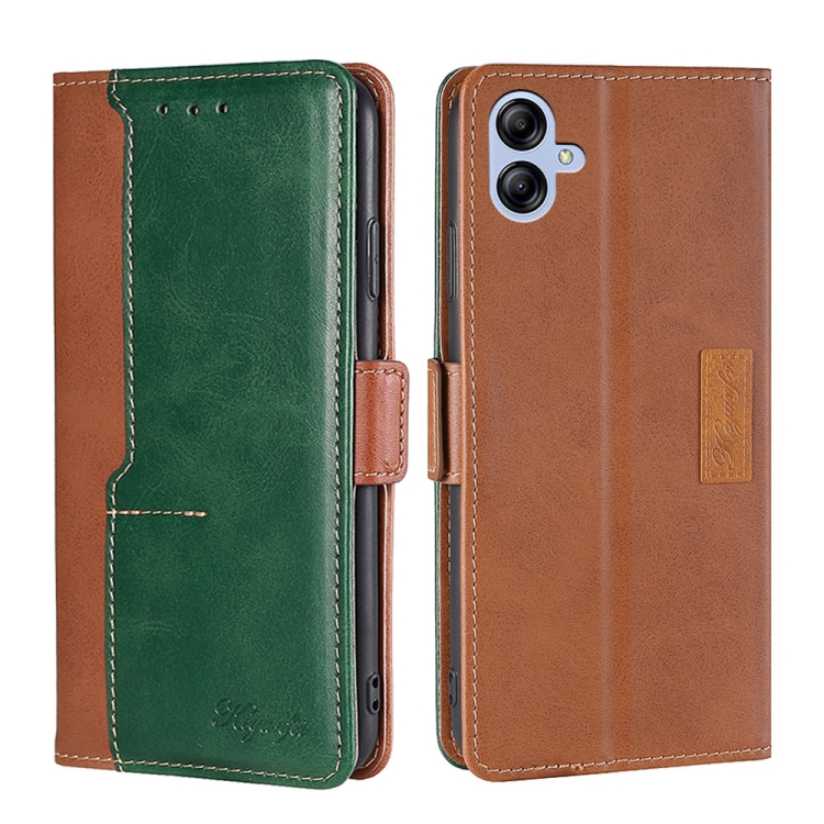 

For Samsung Galaxy A04E Contrast Color Side Buckle Leather Phone Case(Light Brown+Green)