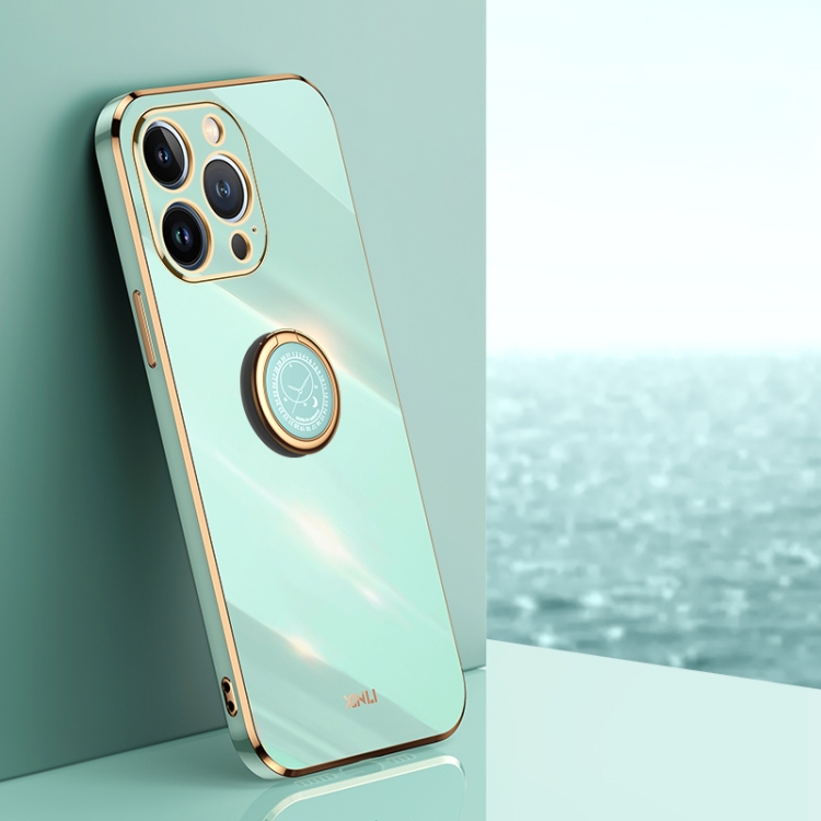 

For iPhone 13 Pro Max XINLI Straight Edge 6D Electroplate TPU Phone Case with Ring Holder(Mint Green)