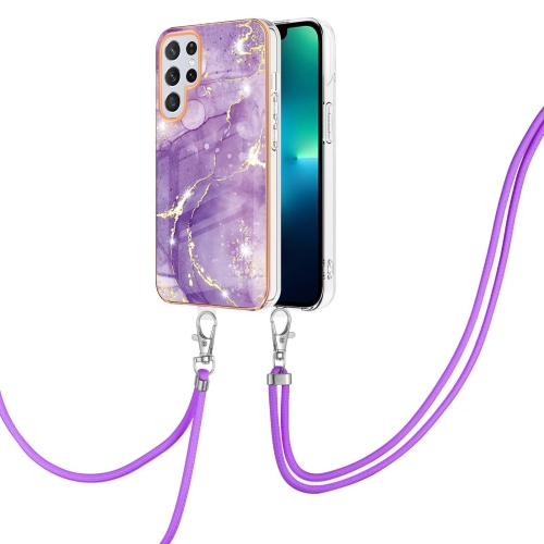

For Samsung Galaxy S23 Ultra 5G Electroplating Marble Dual-side IMD TPU Phone Case with Lanyard(Purple 002)