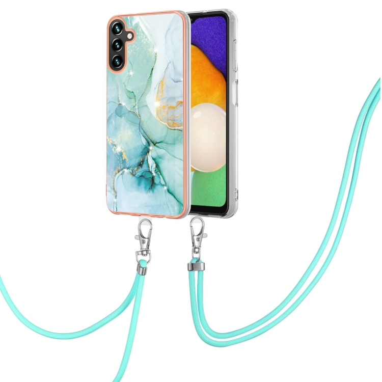 

For Samsung Galaxy A14 5G Electroplating Marble Dual-side IMD TPU Phone Case with Lanyard(Green 003)