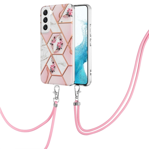 

For Samsung Galaxy S23 5G Splicing Marble Flower IMD TPU Phone Case with Lanyard(Pink Flower)