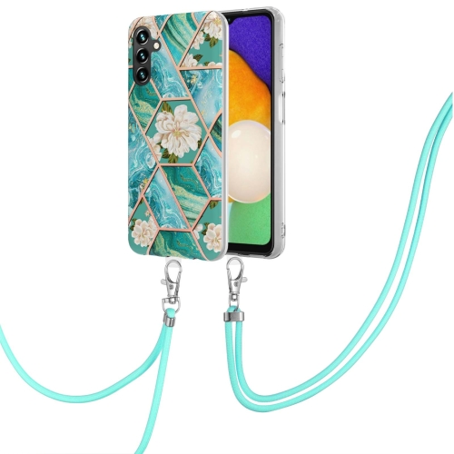 

For Samsung Galaxy A14 5G Splicing Marble Flower IMD TPU Phone Case with Lanyard(Blue Flower)