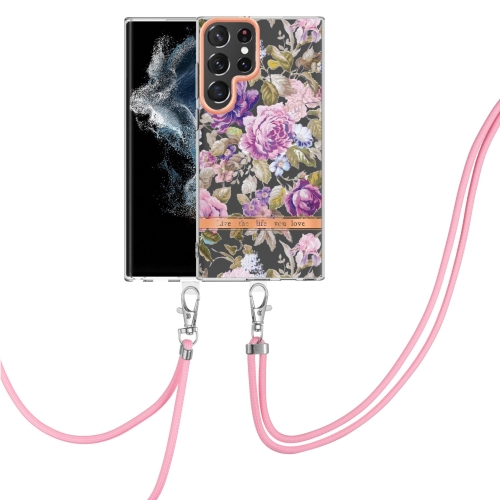 

For Samsung Galaxy S23 Ultra 5G Flowers and Plants Series IMD TPU Phone Case with Lanyard(Purple Peony)