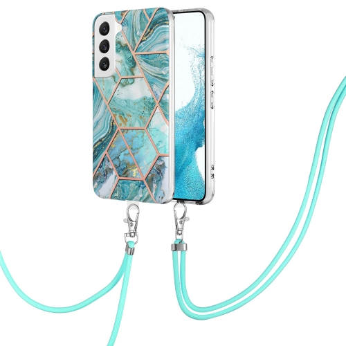 

For Samsung Galaxy S23+ 5G Electroplating IMD Splicing Dual-side Marble TPU Phone Case with Lanyard(Blue)