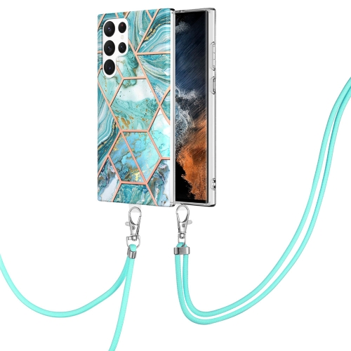 

For Samsung Galaxy S23 Ultra 5G Electroplating IMD Splicing Dual-side Marble TPU Phone Case with Lanyard(Blue)