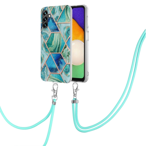 

For Samsung Galaxy A14 5G Electroplating IMD Splicing Dual-side Marble TPU Phone Case with Lanyard(Green)