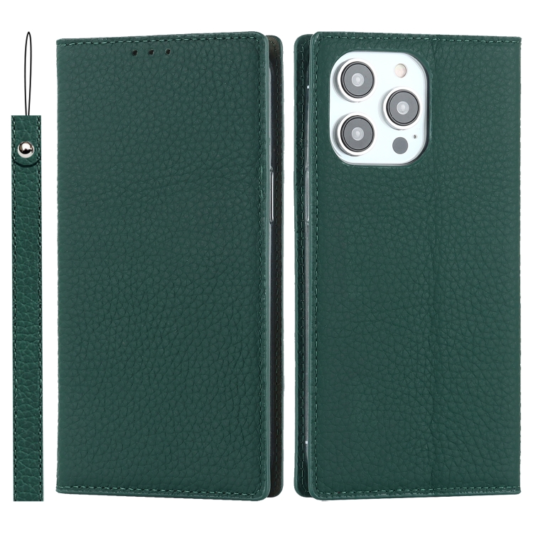 

For iPhone 14 Pro Max Litchi Texture Genuine Leather Phone Case(Dark Green)
