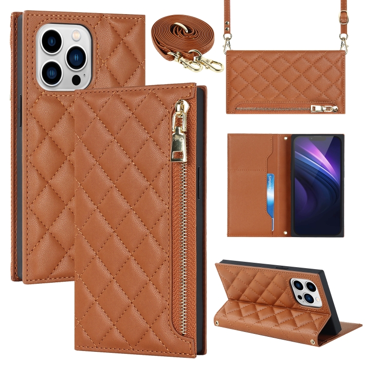

For iPhone 14 Pro Max Grid Texture Lanyard Zipper Leather Phone Case(Brown)