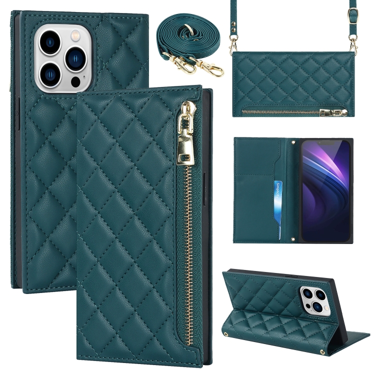 

For iPhone 14 Pro Grid Texture Lanyard Zipper Leather Phone Case(Green)