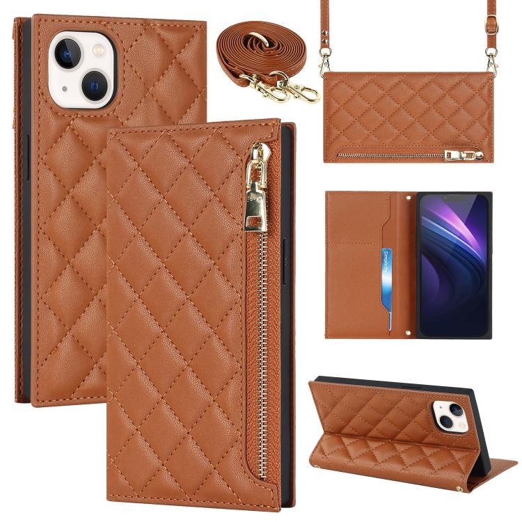 

For iPhone 14 Plus Grid Texture Lanyard Zipper Leather Phone Case(Brown)