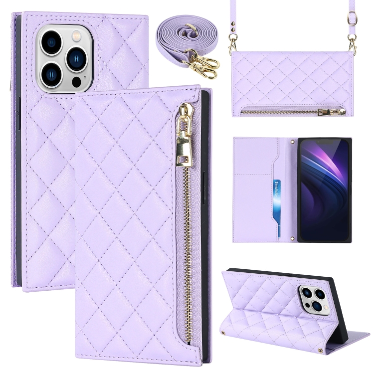 

For iPhone 13 Pro Grid Texture Lanyard Zipper Leather Phone Case(Purple)