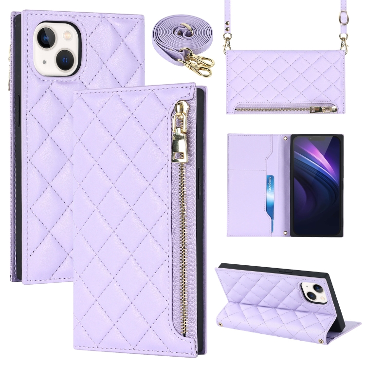 

For iPhone 13 Grid Texture Lanyard Zipper Leather Phone Case(Purple)
