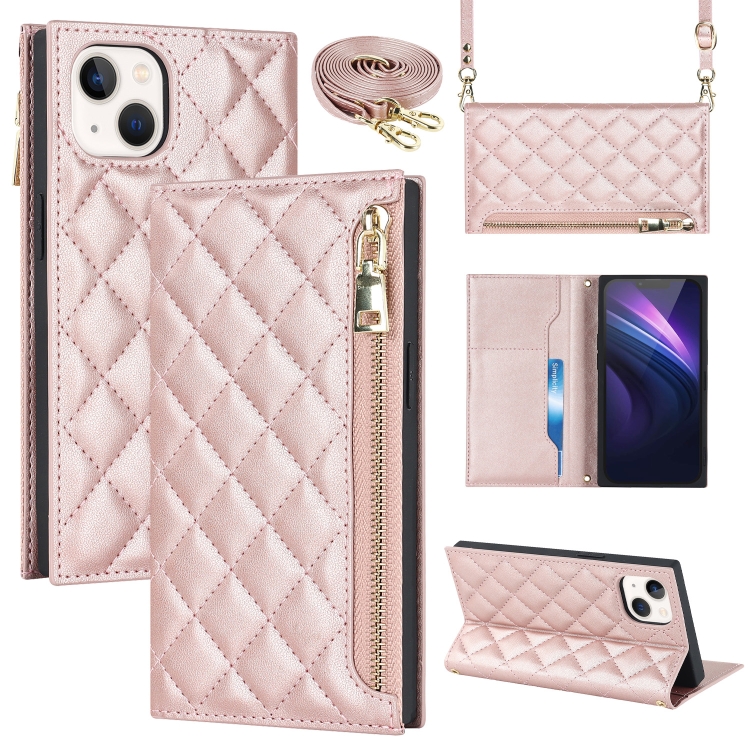 

For iPhone 13 mini Grid Texture Lanyard Zipper Leather Phone Case(Rose Gold)