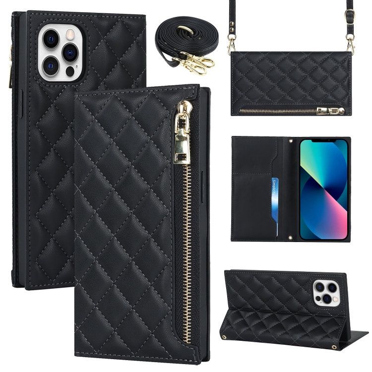 

For iPhone 12 Pro Max Grid Texture Lanyard Zipper Leather Phone Case(Black)