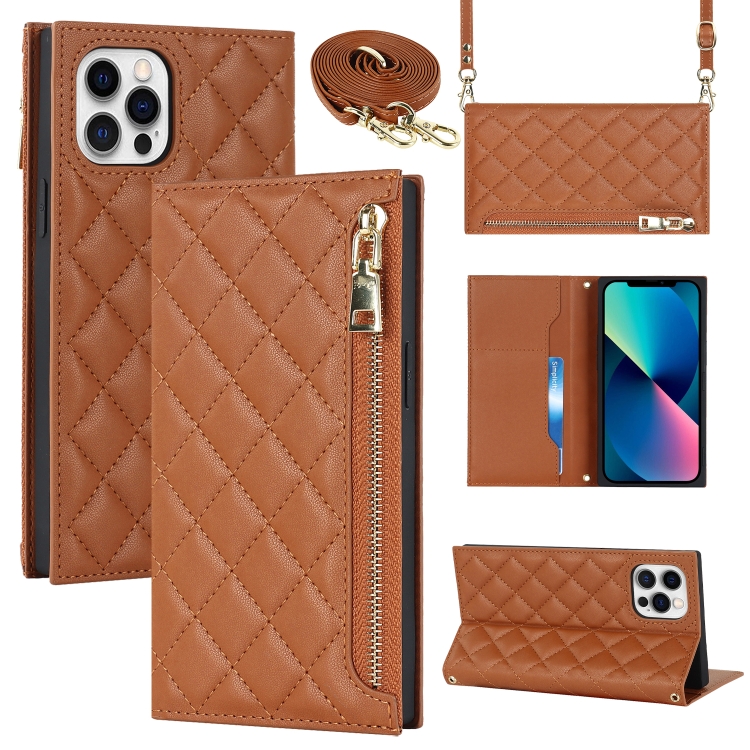 

For iPhone 12 / 12 Pro Grid Texture Lanyard Zipper Leather Phone Case(Brown)