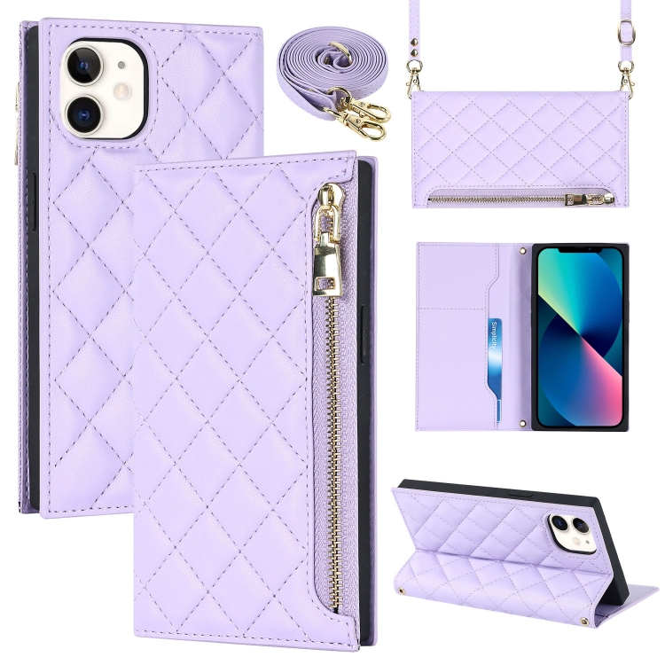 

For iPhone 12 mini Grid Texture Lanyard Zipper Leather Phone Case(Purple)