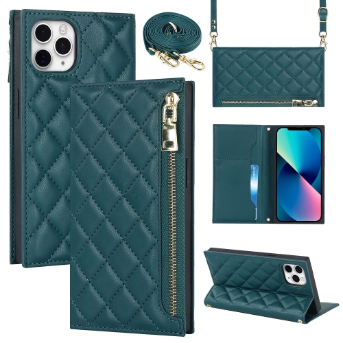 

For iPhone 11 Pro Grid Texture Lanyard Zipper Leather Phone Case(Green)