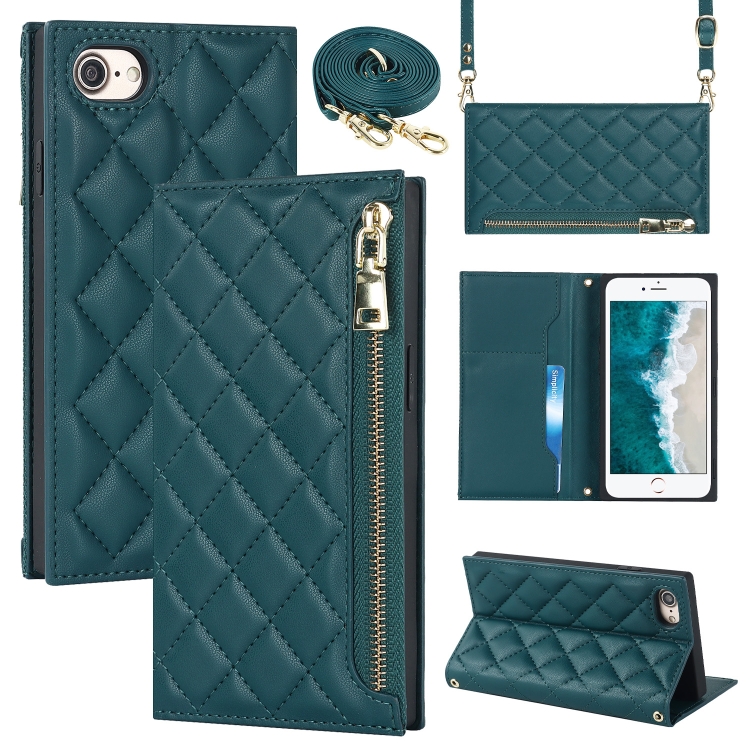 

For iPhone SE 2022 / SE 2020 / 8 / 7 Grid Texture Lanyard Zipper Leather Phone Case(Green)