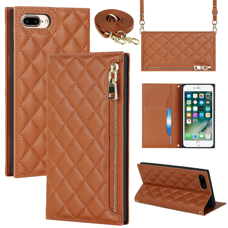 

For iPhone 8 Plus / 7 Plus Grid Texture Lanyard Zipper Leather Phone Case(Brown)