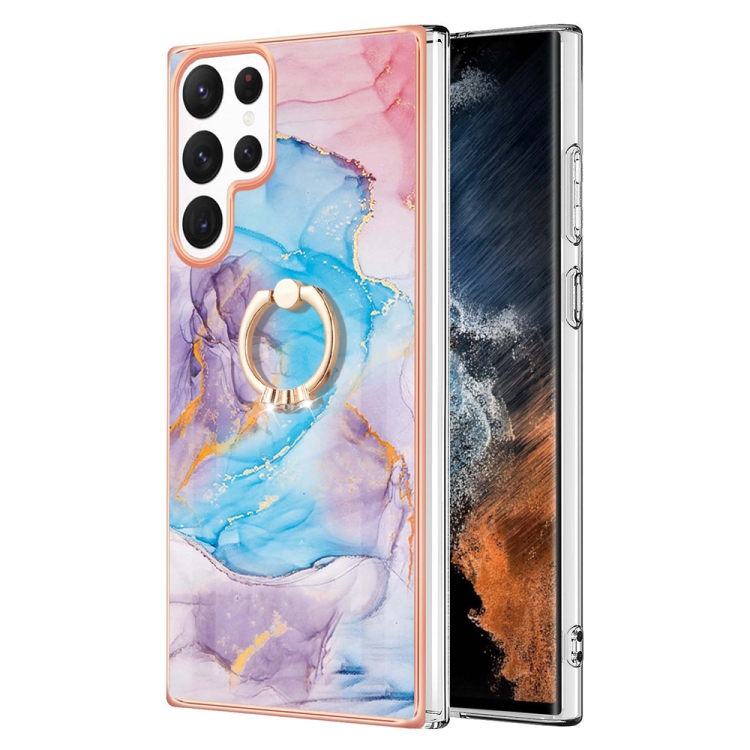 

For Samsung Galaxy S23 Ultra 5G Electroplating IMD TPU Phone Case with Ring(Blue Marble)