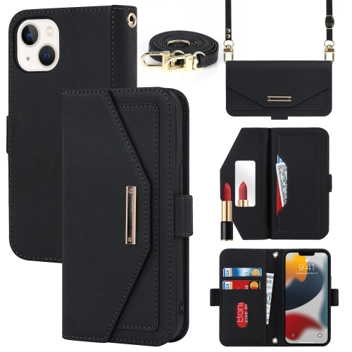 

For iPhone 14 Plus Cross Texture Lanyard Leather Phone Case(Black)