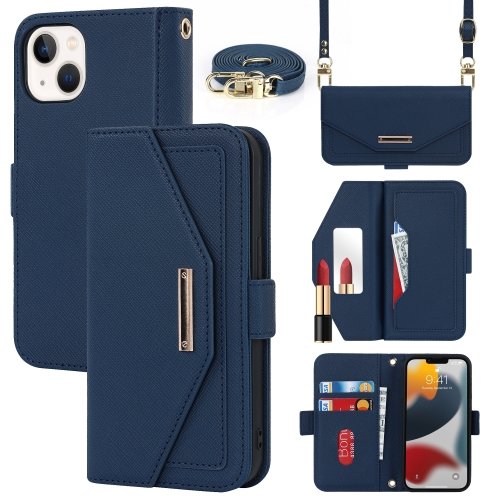 

For iPhone 14 Plus Cross Texture Lanyard Leather Phone Case(Blue)