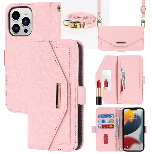 

For iPhone 13 Pro Max Cross Texture Lanyard Leather Phone Case(Pink)