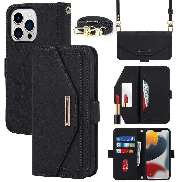 

For iPhone 13 Pro Cross Texture Lanyard Leather Phone Case(Black)