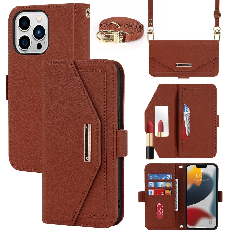 

For iPhone 13 Pro Cross Texture Lanyard Leather Phone Case(Brown)