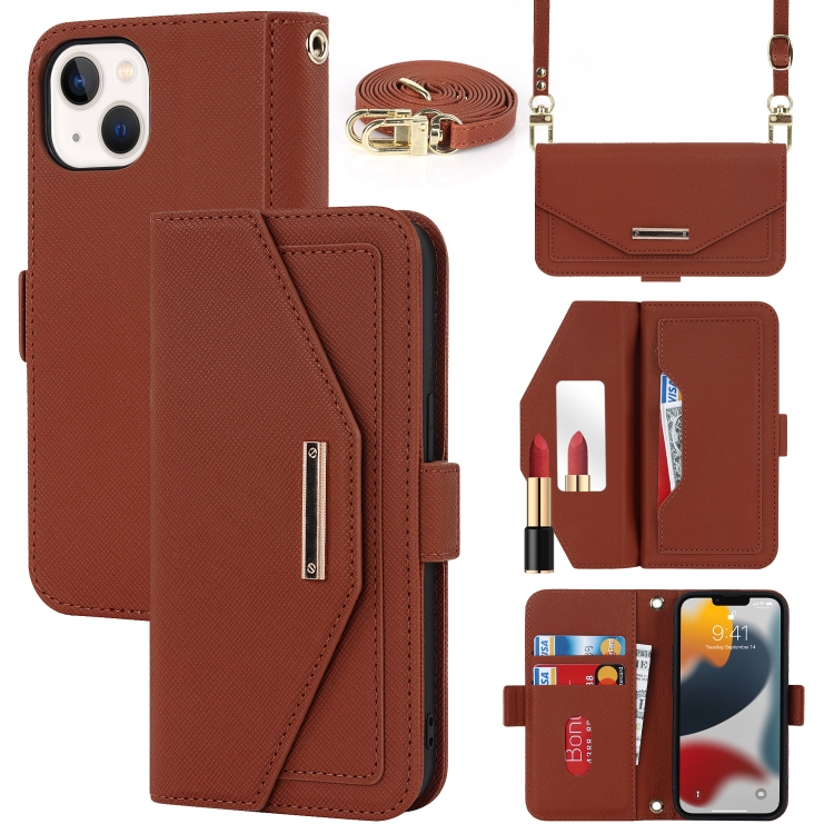 

For iPhone 13 Cross Texture Lanyard Leather Phone Case(Brown)