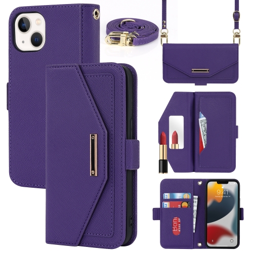 

For iPhone 13 Cross Texture Lanyard Leather Phone Case(Purple)