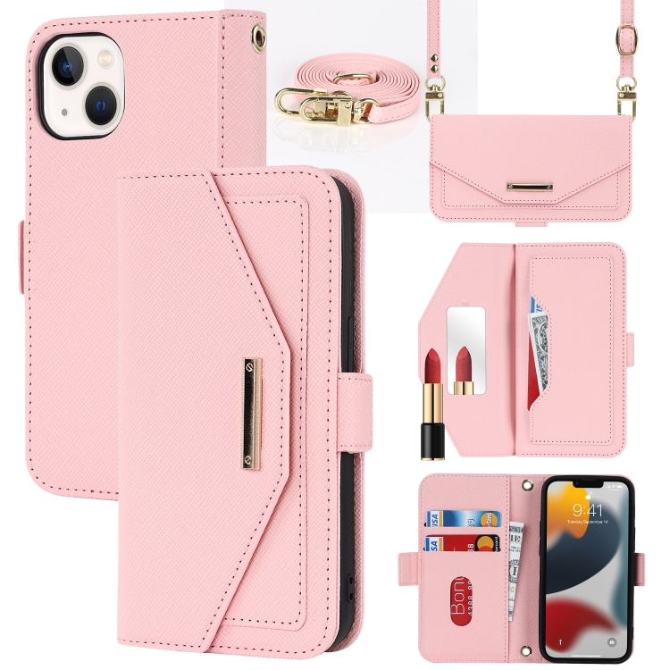 

For iPhone 13 mini Cross Texture Lanyard Leather Phone Case(Pink)