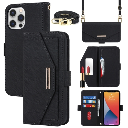 

For iPhone 12 Pro Max Cross Texture Lanyard Leather Phone Case(Black)