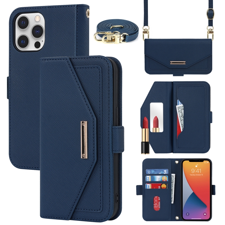 

For iPhone 12 Pro Max Cross Texture Lanyard Leather Phone Case(Blue)