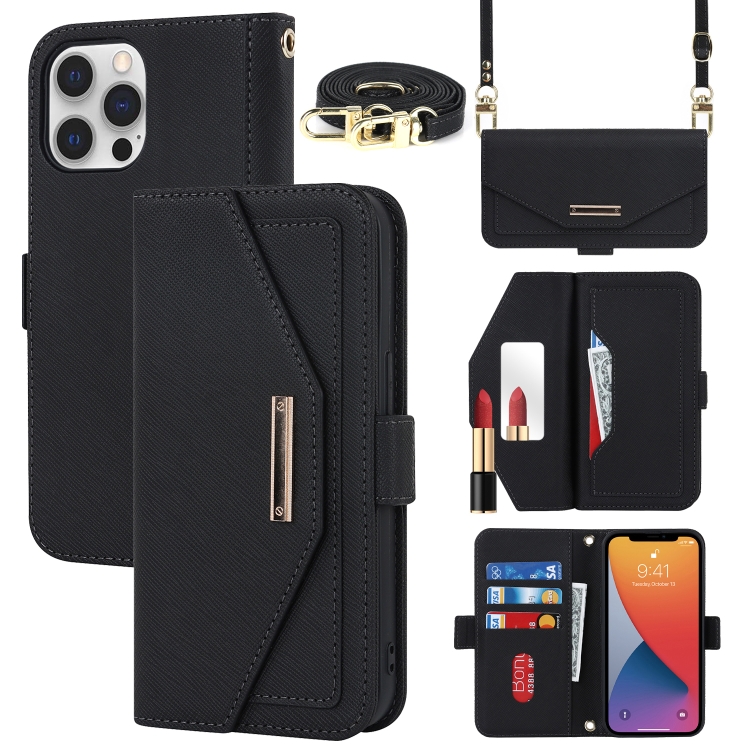 

For iPhone 12 / 12 Pro Cross Texture Lanyard Leather Phone Case(Black)
