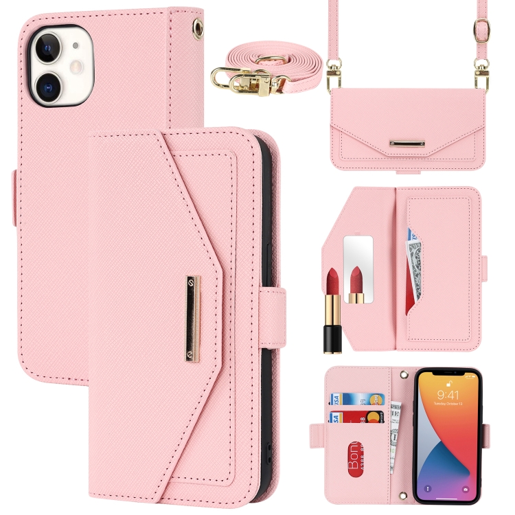 

For iPhone 12 mini Cross Texture Lanyard Leather Phone Case(Pink)