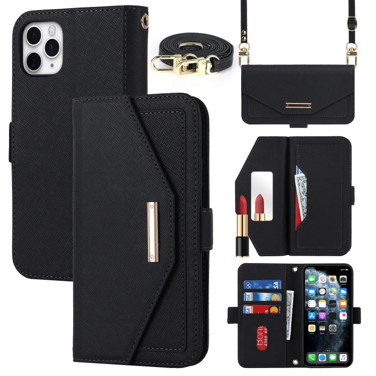 

For iPhone 11 Pro Cross Texture Lanyard Leather Phone Case(Black)