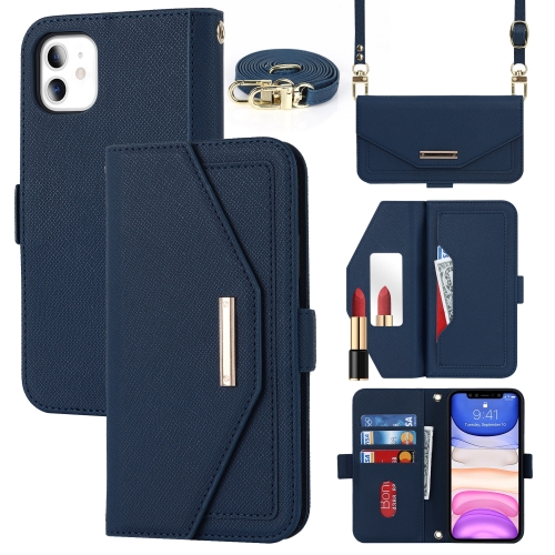 

For iPhone 11 Cross Texture Lanyard Leather Phone Case(Blue)