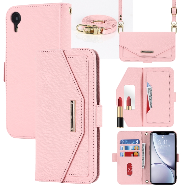 

For iPhone XR Cross Texture Lanyard Leather Phone Case(Pink)