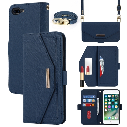 

For iPhone 8 Plus / 7 Plus Cross Texture Lanyard Leather Phone Case(Blue)