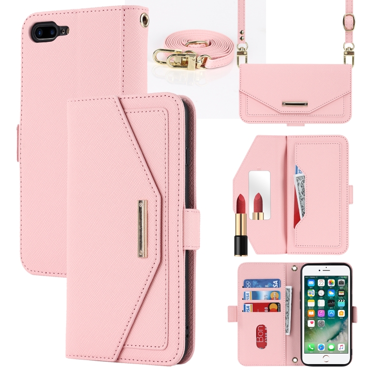 

For iPhone 8 Plus / 7 Plus Cross Texture Lanyard Leather Phone Case(Pink)