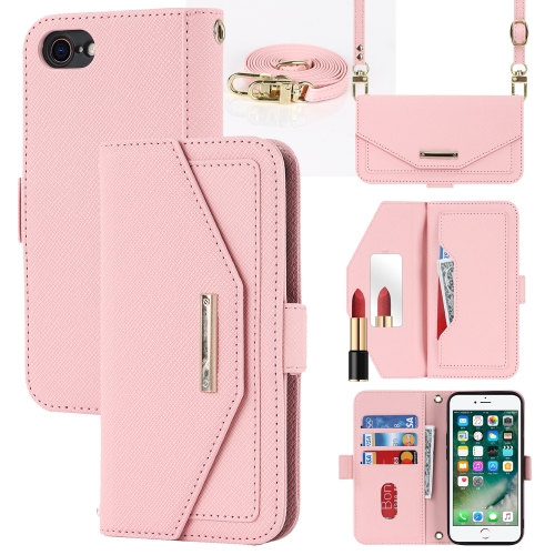 

For iPhone SE 2022 / SE 2020 / 8 / 7 Cross Texture Lanyard Leather Phone Case(Pink)