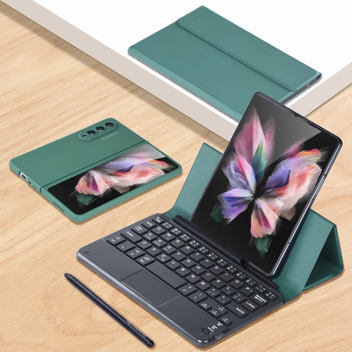 

For Samsung Galaxy Z Fold3 GKK Magnetic Folding Bluetooth Keyboard Leather Case with Touchpad / Pen(Dark Green)