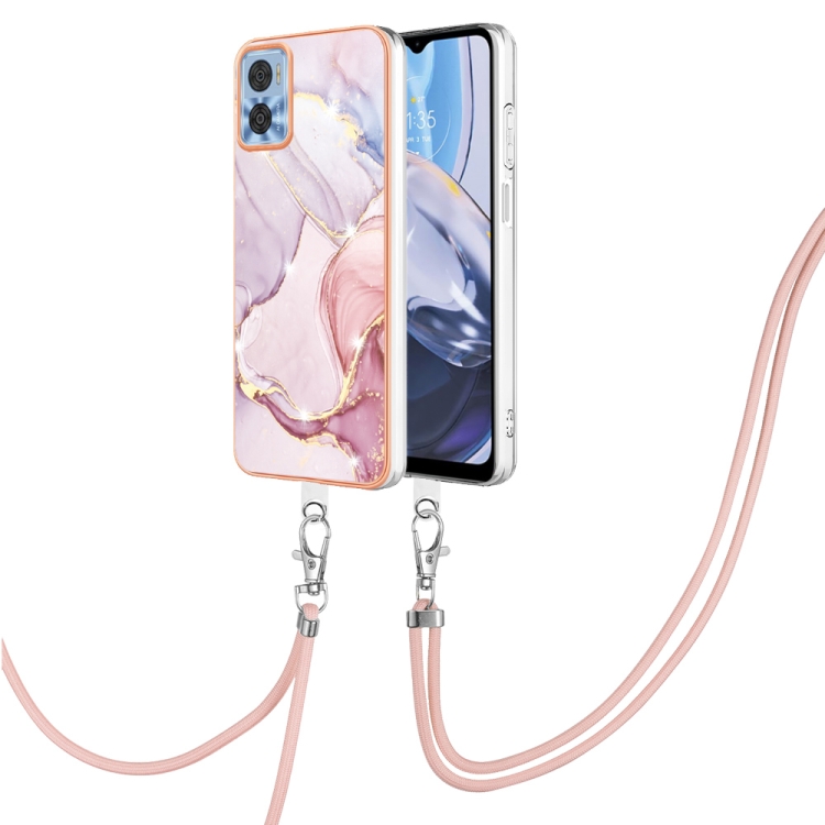 

For Motorola Moto E22 Electroplating Marble Dual-side IMD Phone Case with Lanyard(Rose Gold 005)