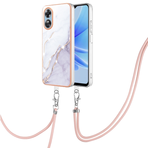 

For OPPO A17 Electroplating Marble Dual-side IMD Phone Case with Lanyard(White 006)